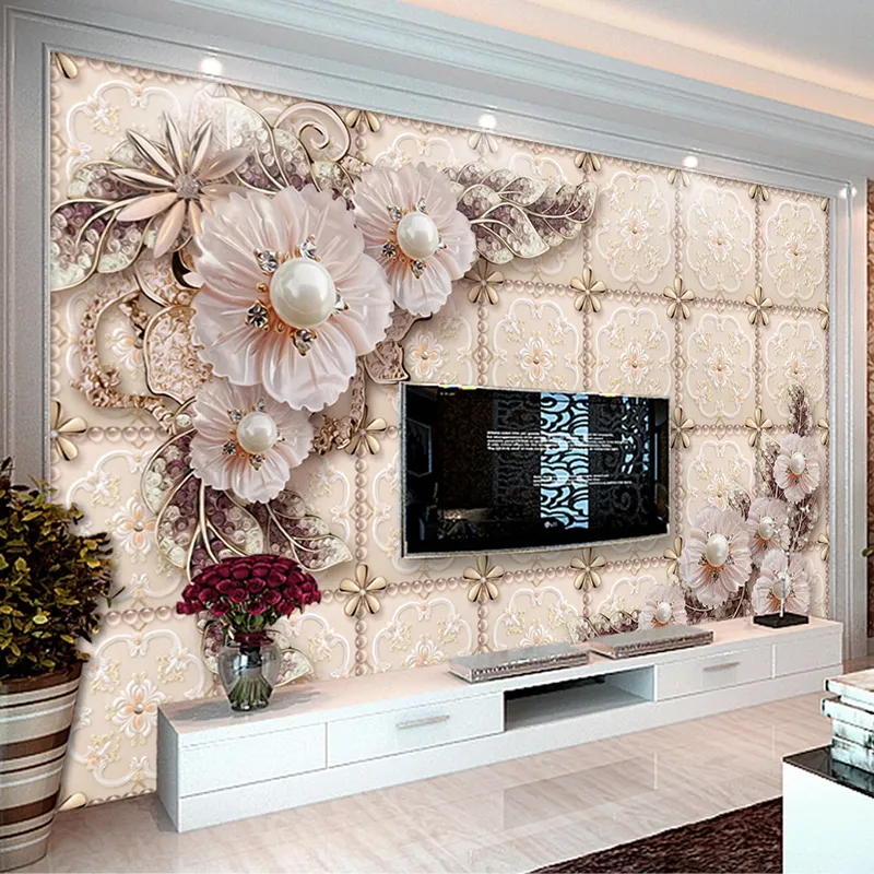 Papier peint Mural personnalisé luxe 3D stéréoscopique bijoux perle fleur salon canapé TV fond peinture murale Papel De Parede