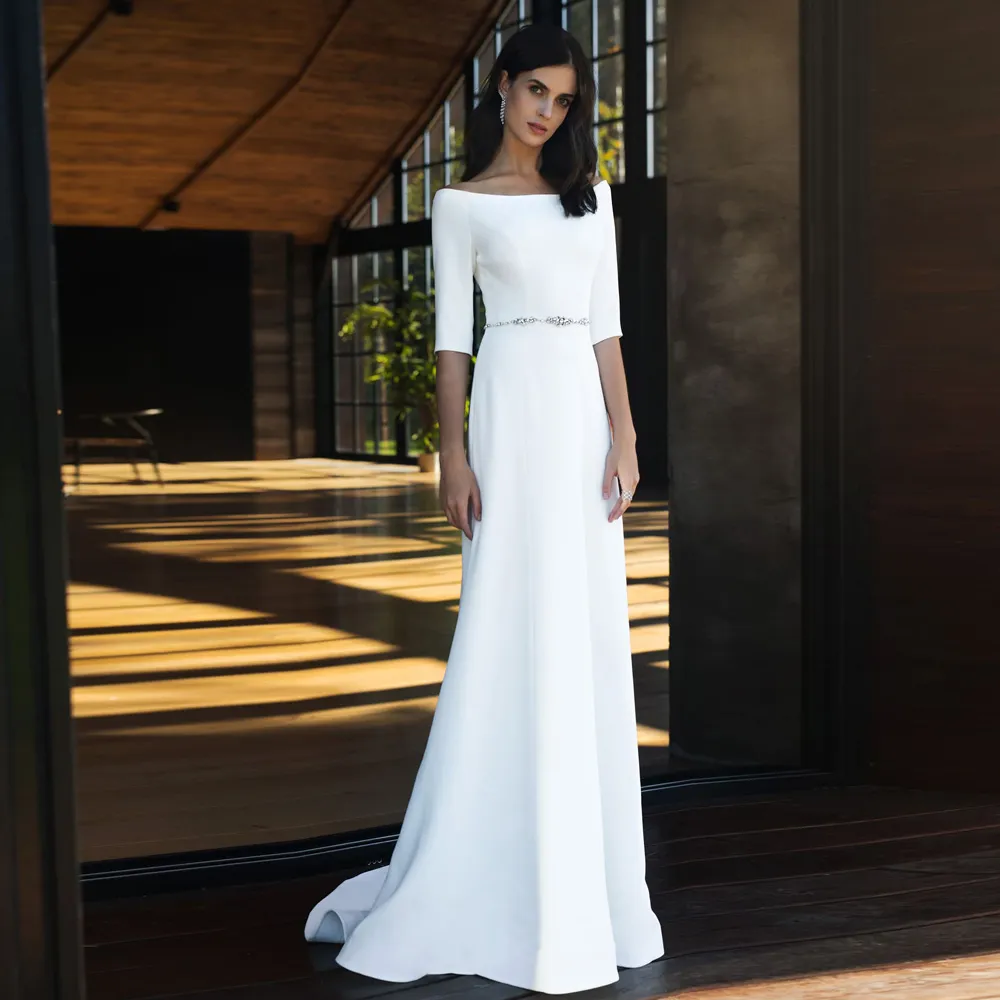 2021 Boat Neck short sleeve wedding dress with Beaded Sashes and Half Sleeves - Floor Length Bridal Gown