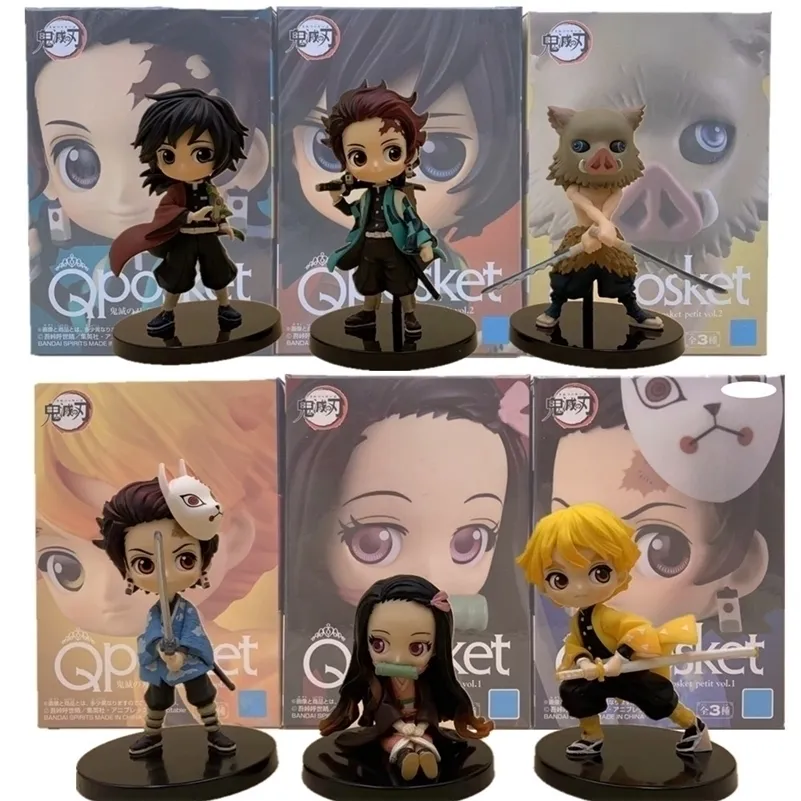 Demon Slayer Nezuko Zenitsu Tanjirou Giyuu Inosuke Q Ver. Figuras de ação Brinquedos Kimetsu No Yaiba Anime PVC Figurine Toy 3pcs / Set LJ200928