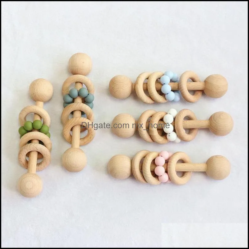 INS Baby Teethers Toys Teething Natural Wooden Ring Teether Infant kids Fingers Exercise Toy Silica gel Beaded Soother Z2062