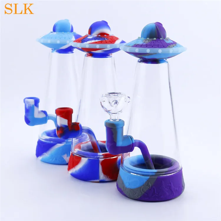 Novo 8,9'' UFO Glass Bubbler Water Pipes Shisha Hookah Smoking Tabaco Bongs Dabs Rig Silicone Smoking Pipes Pacote Individual