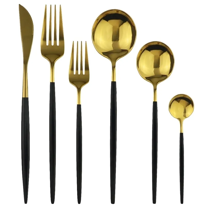 4/ 6 Gold Flatware Kitchen 18/10 Stainless Steel Tableware Knife Fork Spoon Cutlery set Party Home Accessories Black 201019