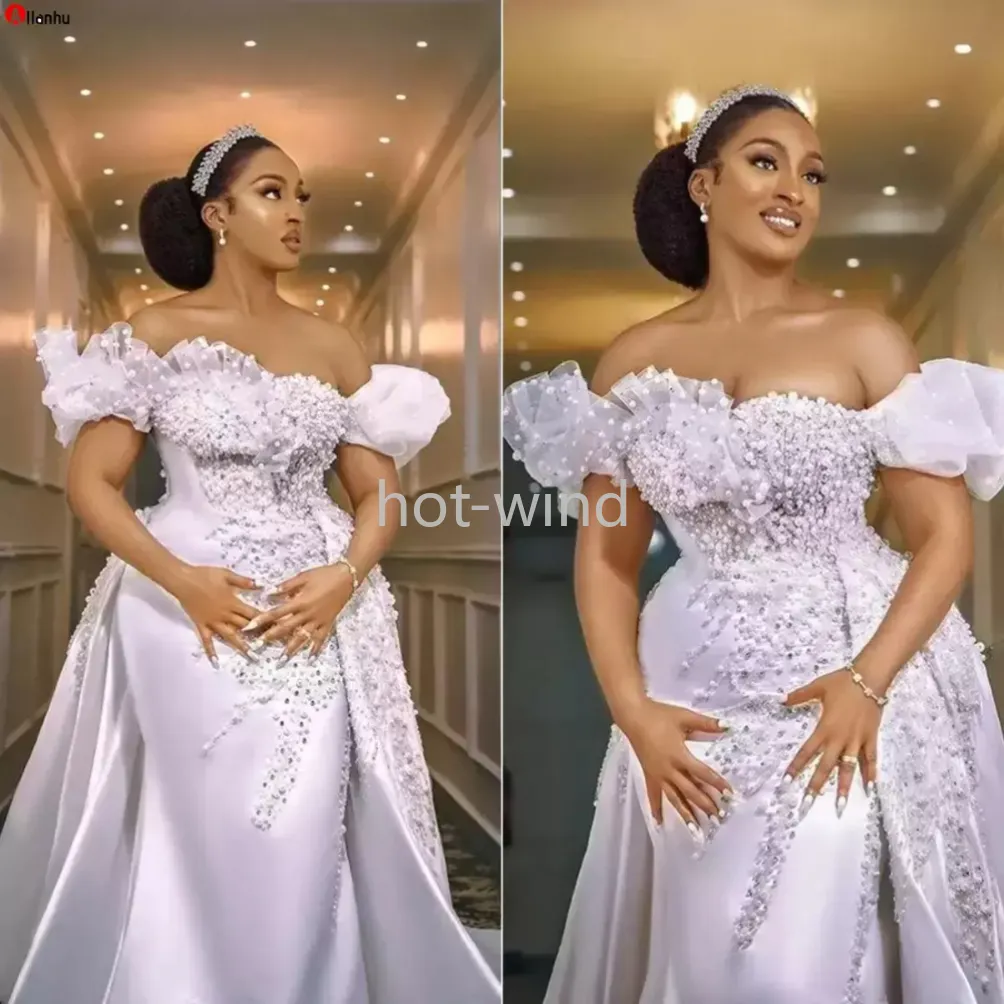 2022 novas pérolas sereia vestidos de noiva com trem destacável africano nigeriano fora do ombro frisado applique vestido de novia ee