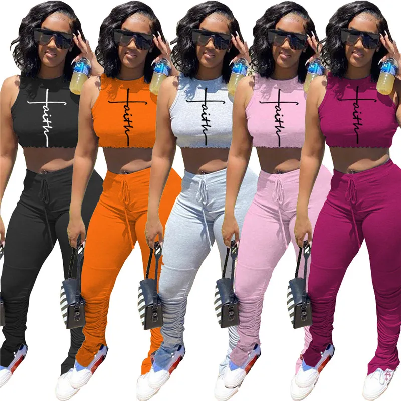 Summer Faith Outfits Femmes Survêtements Ensemble Deux Pièces Sans Manches Crop Top Pantalon Empilé Ensemble Assorti Casual Sportswear Pull Gilet Pile Leggings 6910