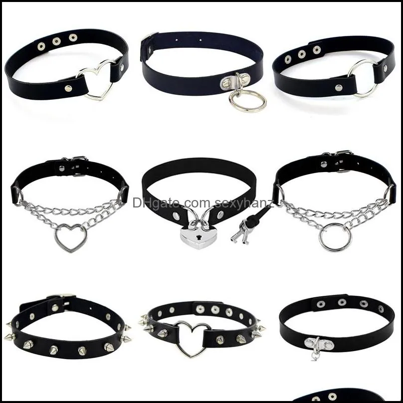 2021 Punk PU Leather Lock Key Heart Round Spike Rivet Collar Studded Choker Necklace Body Birthday Party Gift chocker Jewelry