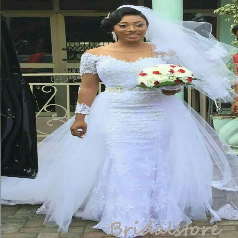 NIGERIA Plus Size Syrenka Suknia ślubna Z Overckirt Train Aso Ebi White Długim Rękawem Kraj Bride Gowns 2022 Zroszony Afrykańska sukienka ślubna Szata de Mariage