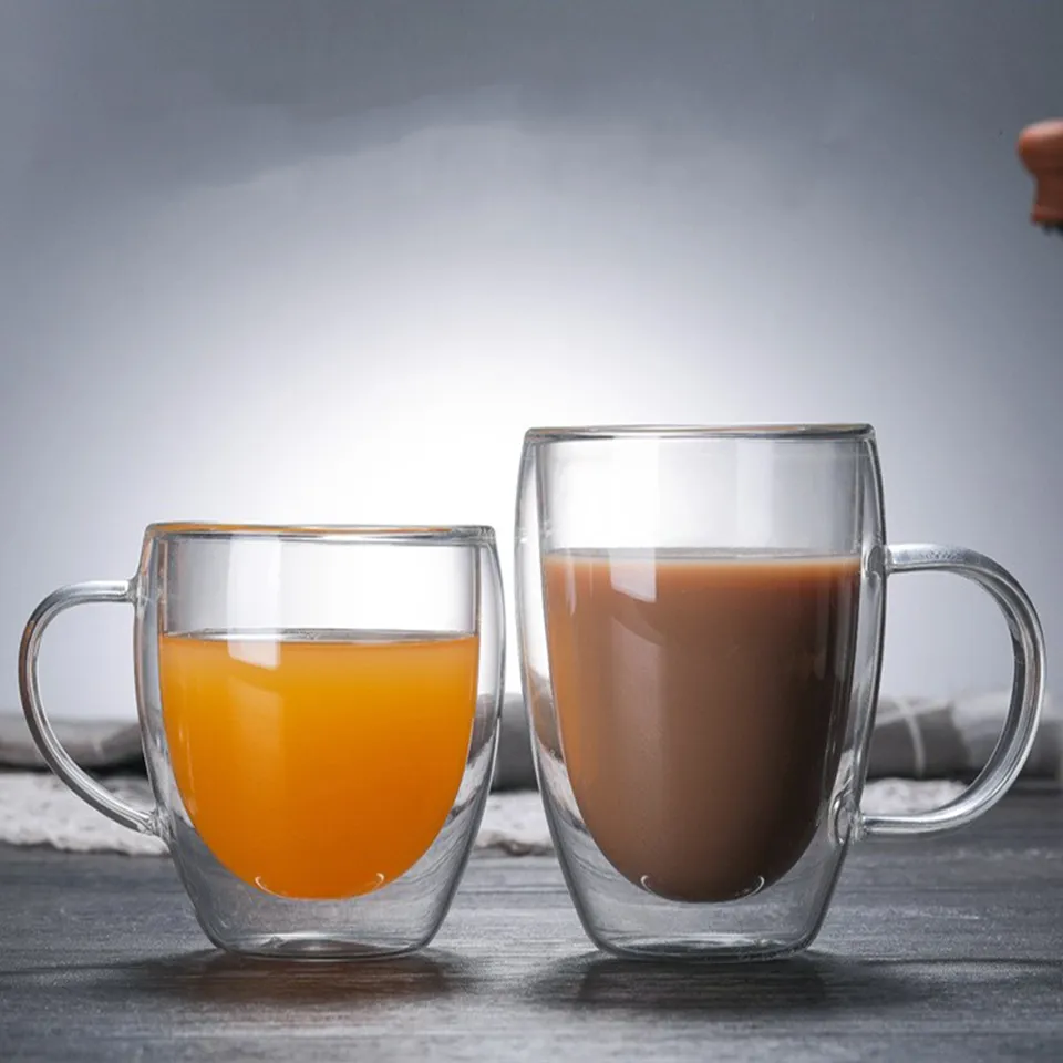 Tazze da caffè in vetro resistente al calore e tazze da tè e da viaggio doppio caffè con le tazze maniglia bevendo occhiali da colpo Q1218