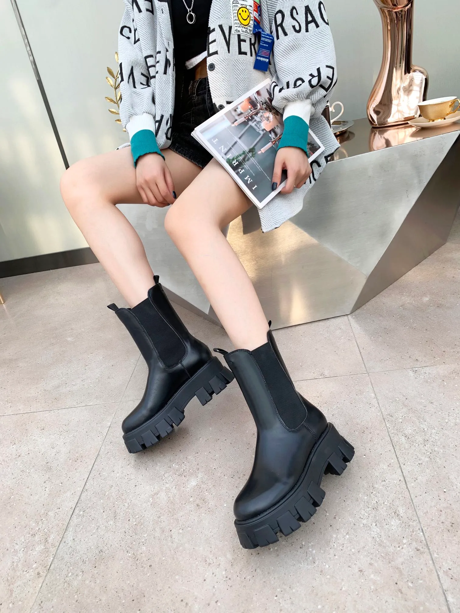 1 Kvinnor Stövlar Martin Desert Western Boot Tanks Tjock botten Chelsea Non-Slip Sheepskin Vinterskor Chunky Heel Dress Wedding Pa