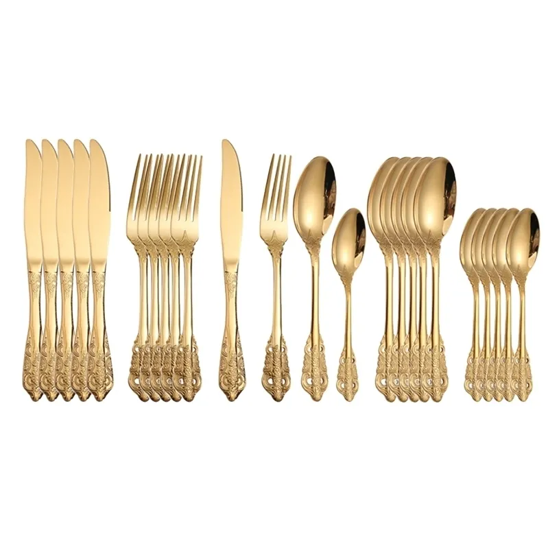 24pcs de aço inoxidável de aço inoxidável conjunto de ouro talheres garfo facas reais cozinha colher de chá de mesa ocidental mesa de mesa do talheres 211229