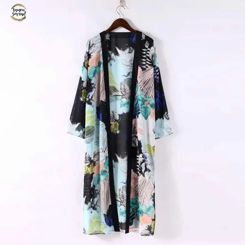 Женщины Boho цветочный Printed Long Блуза Сыпучей шаль Кимоно Кардиган Boho пляж Cover Up Shirt Outwear