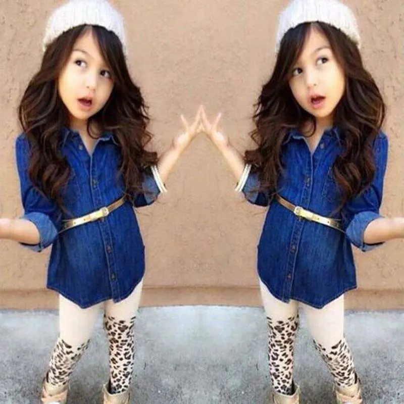 kids designer brand kids girl clothes set , jeans  shirt + Tight pants leggings skinny pants girl Blue shirt camisa YAA002