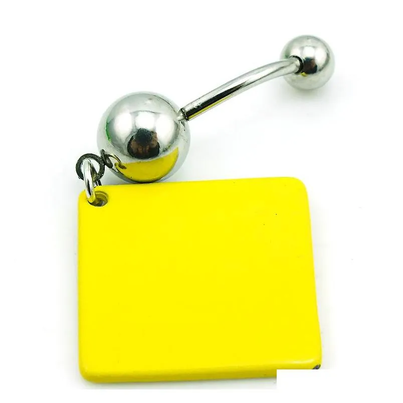 fashion belly button rings stainless steel barbell dangle yellow signage with letter navel rings body piercing jewelry