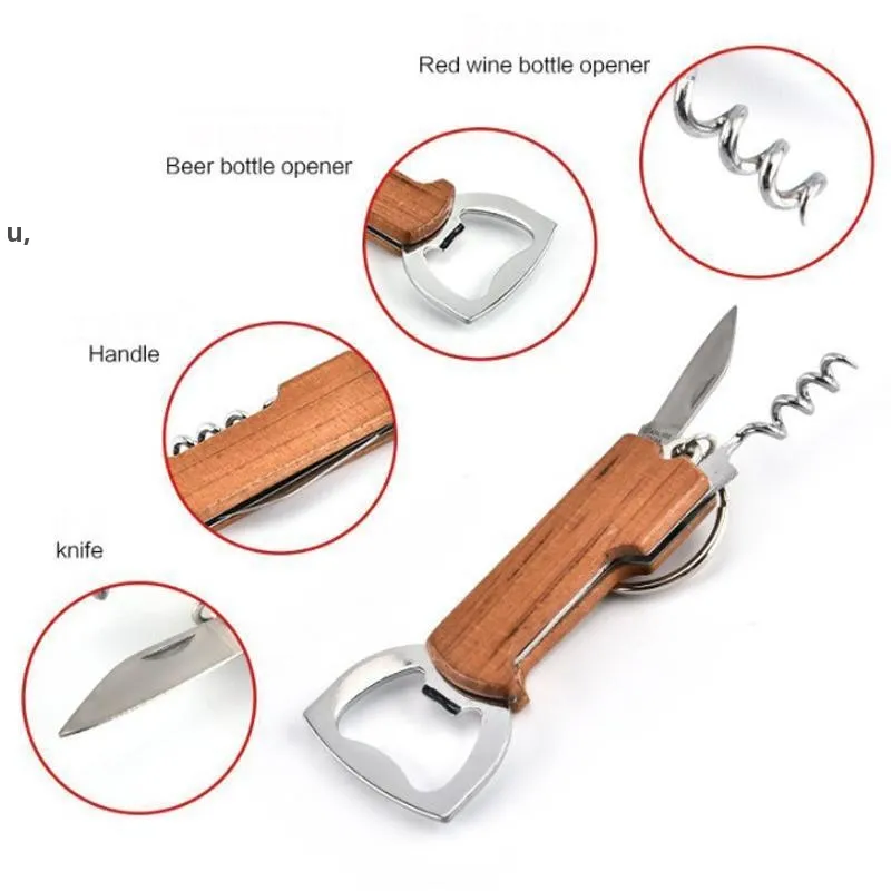 Opener Wooden Handle Bottle Keychain Knife Pulltap Double Hinged Corkscrew Stainless Steel Key Ring Opening Tools Bar RRF12981