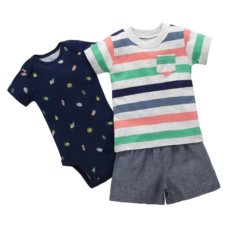 short sleeves colorful stripe T-shirt+bodysuit+shorts 3 piece clothes set for 0-24 baby boy summer costume for baby boy