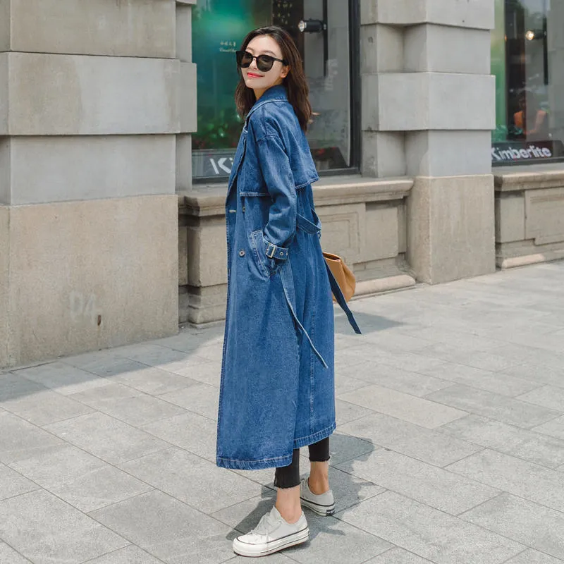 Denim Trench Coat For Women Autumn Loose Long Coat Women Double-Breasted Loose Jeans Trench Coat Windbreaker Manteau Femme C5635 T200828