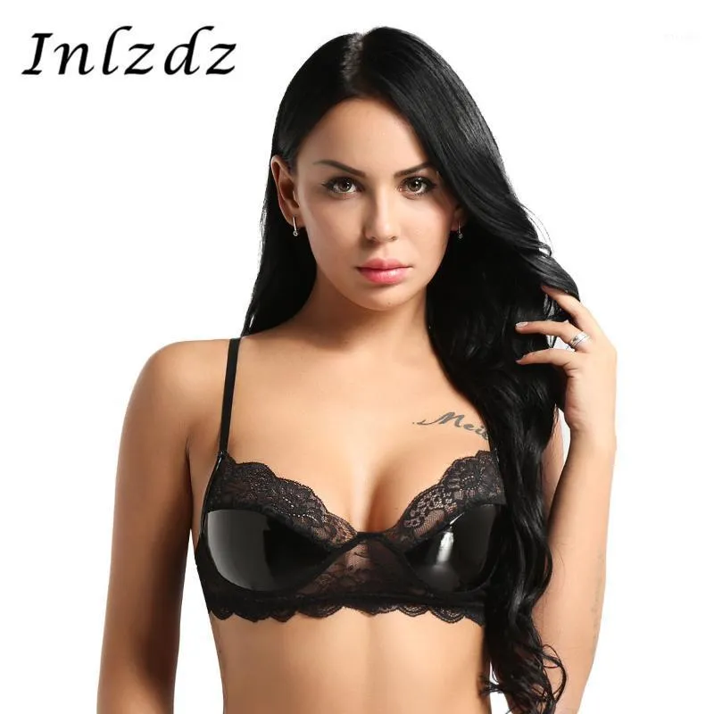 Womens Open Cup Latex Bra Top For Sex Wet Look Leather Wire Free