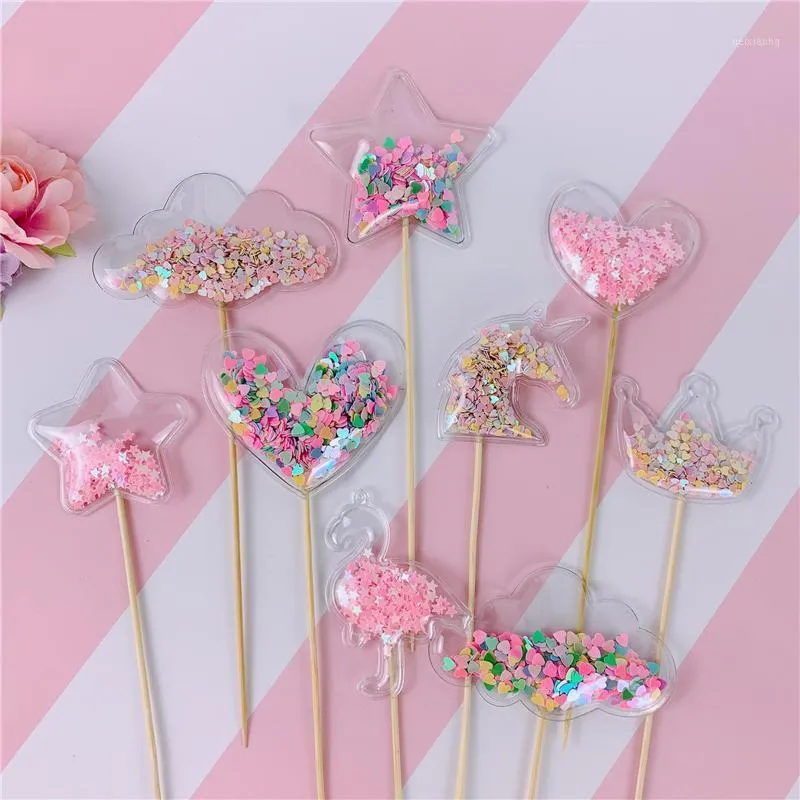 Andra festliga festförsörjningar 1 PC Bling Fairy PVC Cake Topper Heart Crown Cloud Shiny Flamingo Cupcake för bröllopsfödelsedagsår Dessert D