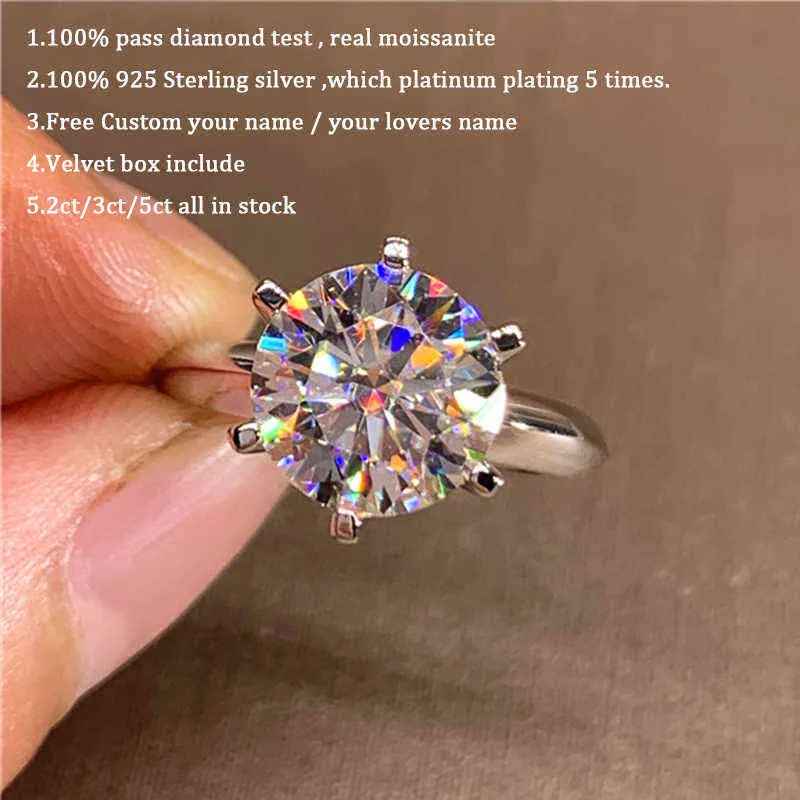 Anel 5.0ct moissanite anel de noivado feminino 14k branco banhado a ouro laboratório anel de diamante prata esterlina anéis de casamento caixa de jóias