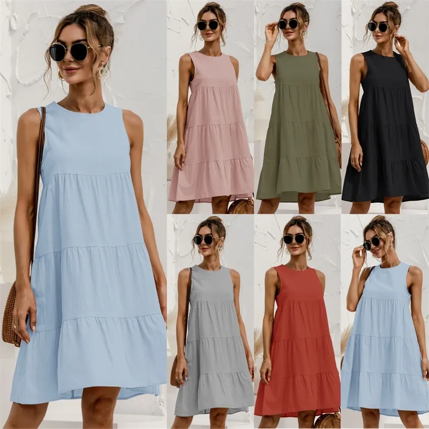 Summer Women Vest Dress Cotton O-Neck ärmlös solid midi-sömmar stor sväng Casual Loose Sundress Vestidos 220215