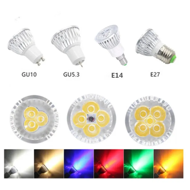 100PCS / 많은 LED 전구 색 스포트 라이트 3w 4w 5w 화이트 레드 GU10 GU5.3 E27 E14 따뜻한 녹색, 파란색, 노란색 스포트 라이트