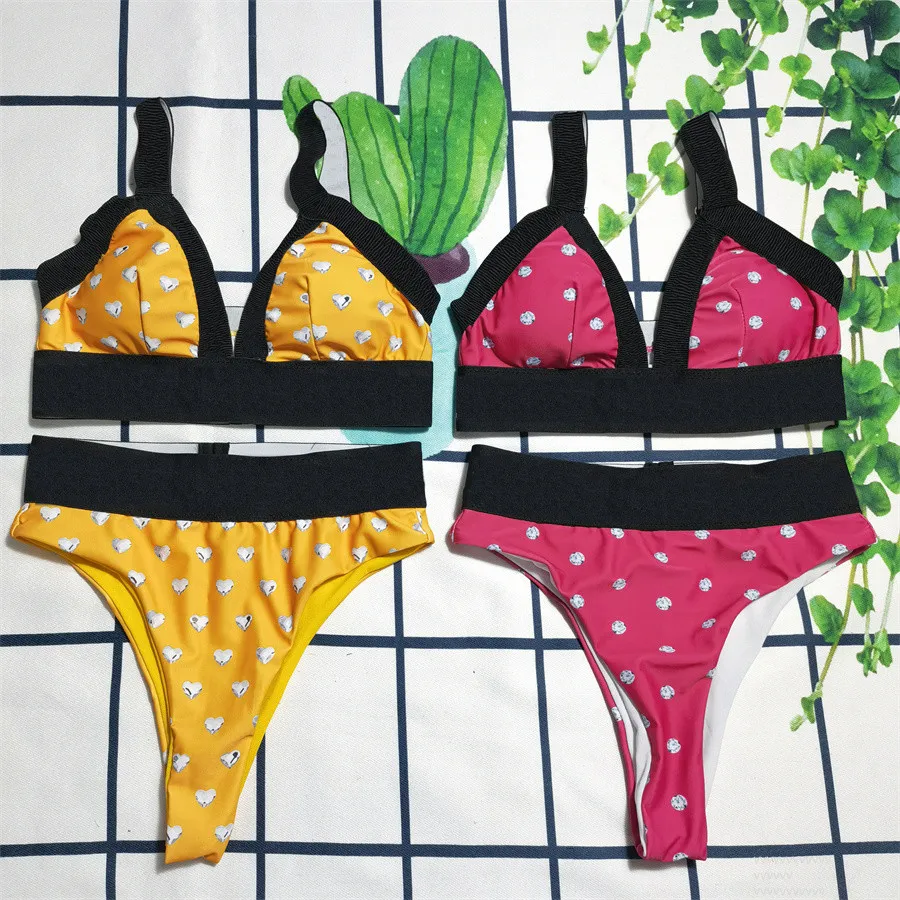 Maillot de bain avec perceuse à cœurs pour femmes, Sexy, taille haute, Tankini, Triangle fendu, pour vacances, mignon, jaune et rose