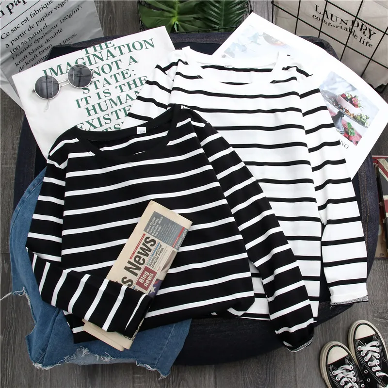 Dames T shirt Lange mouw T shirt Dames Grappige Zwart wit Gestreepte T shirts Herfst Koreaanse Top Vrouwelijke Meisje Casual Losse 201014