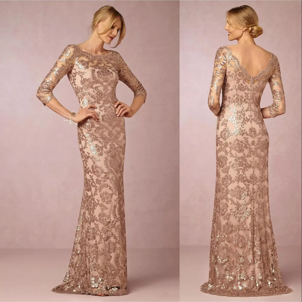 2023 Robes de mère de la mariée Bling Rose Gold Paillettes Dentelle Jewel Dentelle Appliques V Retour Robe de soirée formelle Robes d'invité de mariage