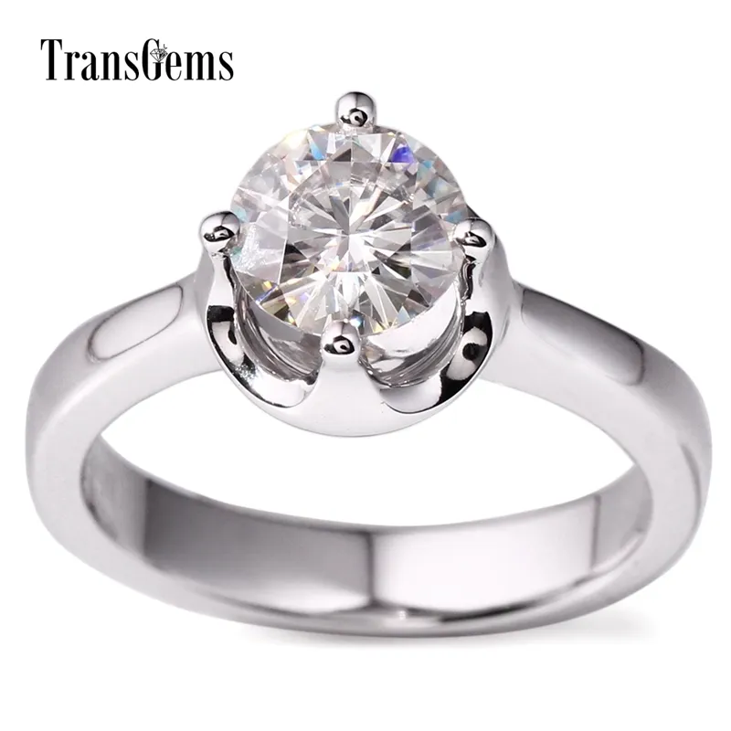 Transgems Klasik Katı 14 K 585 Beyaz Altın 1CT 6.5mm F Renk Moissanite Solitaire Kadınlar Için Nişan Alyans Hediye Y200620