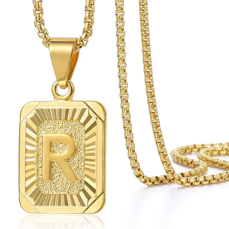 Initial Letter Pendant Halsband Mens Womens Capital Letter Yellow Gold Plated A Z Rostfritt Stål Boxkedja 23.5inch dropshipping