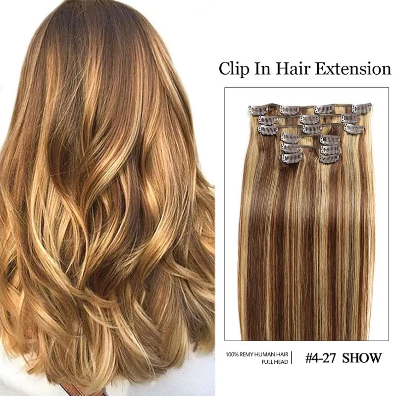 Braziliaanse menselijke haar Peruivan Clip in haren Extensions 4/27 Piano Color 14-24 Inch 70G 100G 4 27 Twee Tonen Kleur