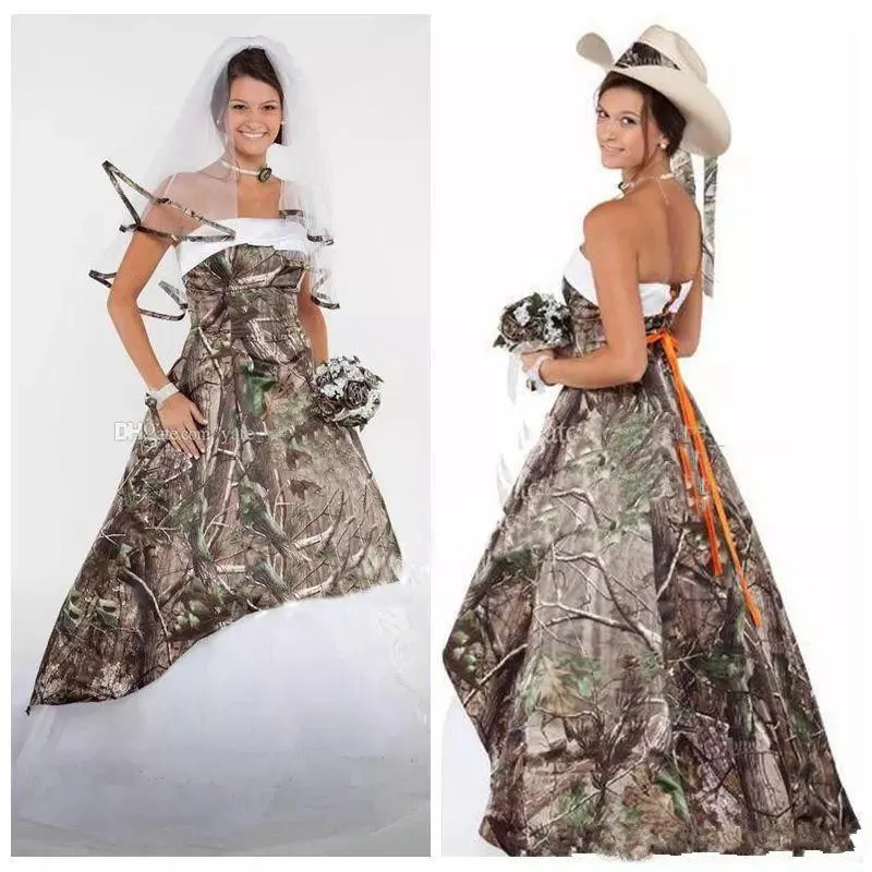 2020 Camo Свадебные платья атласные Страна Cowgirls Bridal платье развертки Поезд Плюс Размер Камуфляж Свадебные платья корсета Узелок