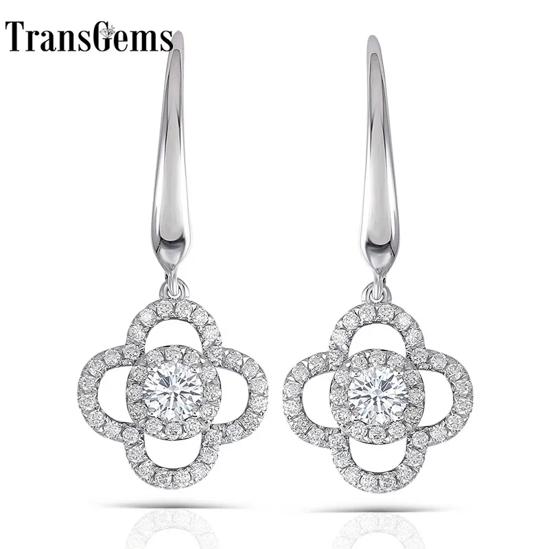 Transgems 14k White Gold 3.5mm F Color Flower Shape Drop Earrings with Accents For Women Anniversary Gifts Y200620