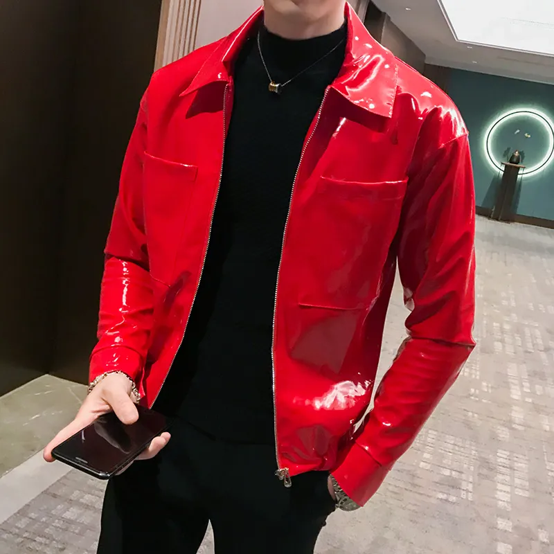 Shiny Leather Jacket Men's Stage Costume Red Black Brown Nightclub Club Men's Leather Jacket Solid Color Slim Men's Jacket Coats T200502