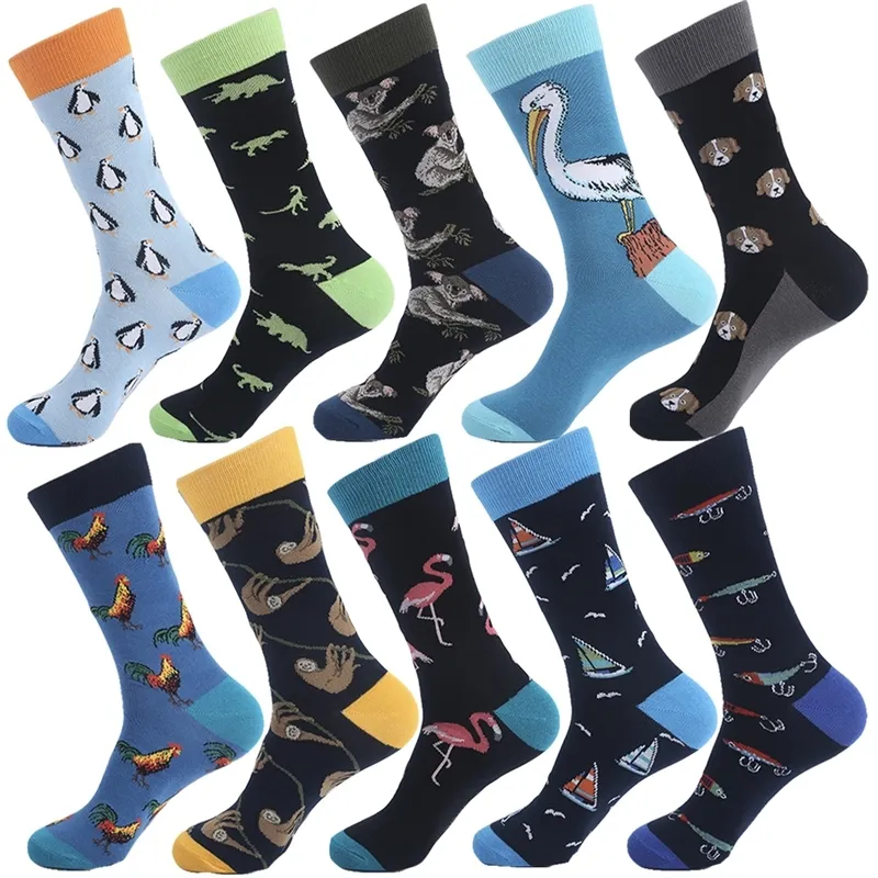 VPM Big Size Cotton Men's Socks Funny Animal Dog Elephant Monkey Sloth Bear Penguin Knee High Long Cool Skate Sock for Men T200916