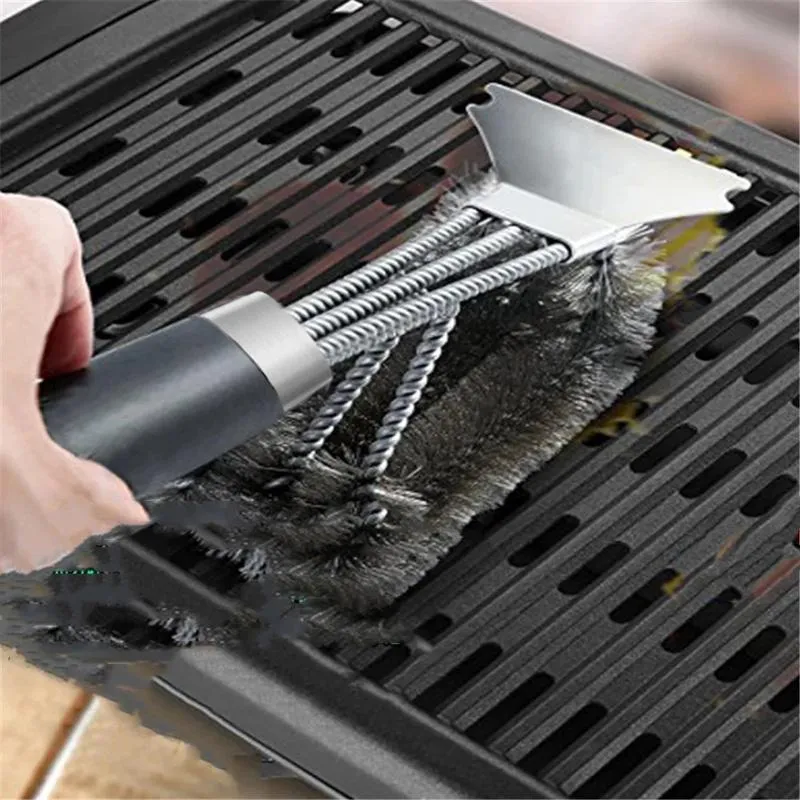 BBQ Grill Cleaning Brush Long Handle Spring Barbecue Wire Brush With Scraper Multifunctional Brush Stainless Steel Kitchen Tool LX3639