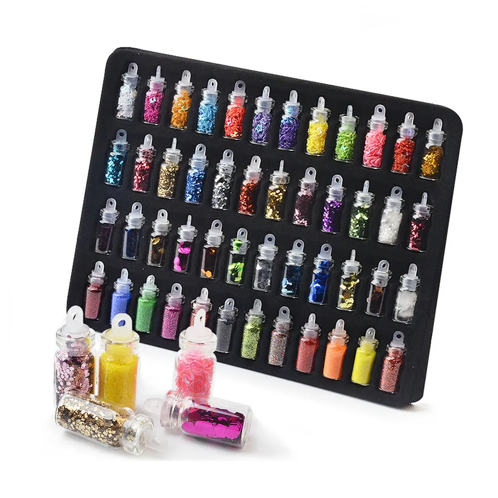 48 Şişeler Renkli Nail Art Sequins Glitter Tırnak Tozu Pigmentleri 3D Ultra-ince Sticker Pul Manikür Süslemeleri Set Tırnak Güzellik