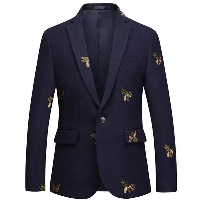 Mens Bee bordado Blazer Slim Fit Casamento Prom Blazers Tweed Lã Para Homens Elegante Terno Jaqueta