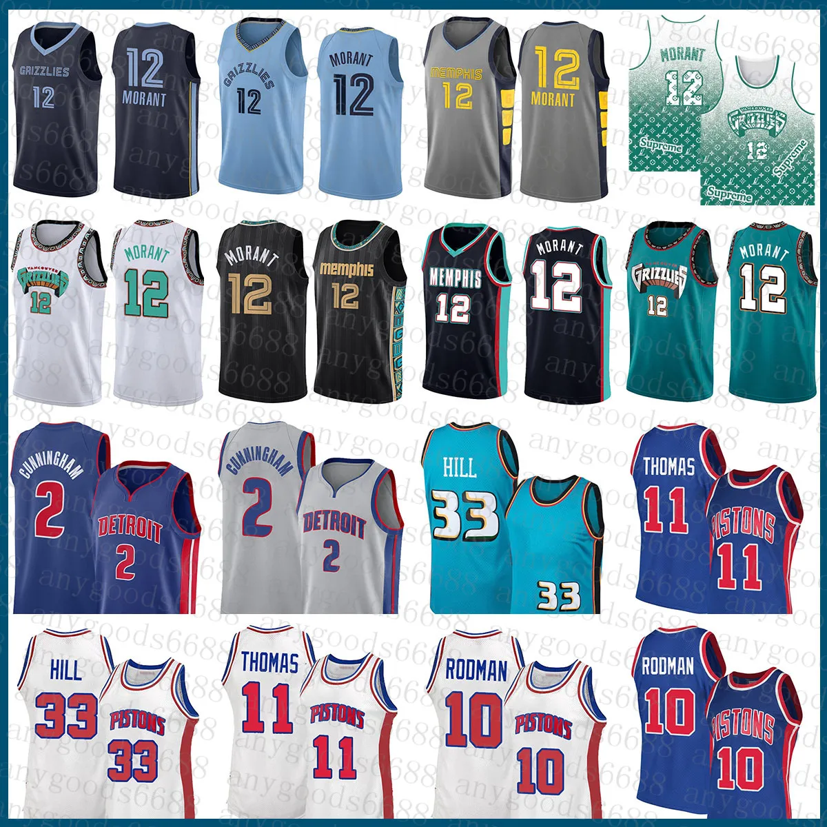 Memphi Grizzlie Detroits Piston Mens Basketball Jersey Ja 12 Morant Cade 2 Cunningham S-2XL Grant 33 Hill Isiah 11 Thomas Dennis 10 Rodman White