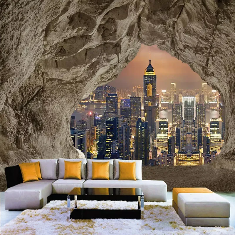 사용자 정의 벽화 벽지 3D 크리 에이 티브 동굴 돌 벽 도시 야경 사진 벽 종이 거실 침실 배경 3D 홈 장식