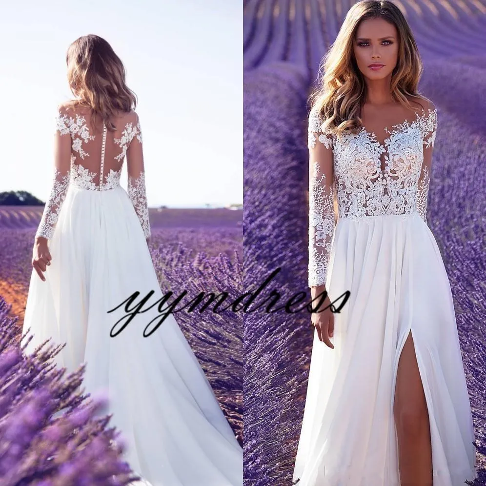 2022 NOWOŚĆ TANIEKA CHEMIAN LACE Wedding Dress Plaży Sheer Scyk Appliques Suknia ślubna Długie rękawy bez pleców ślubnych suknie ślubne szata de Mariee