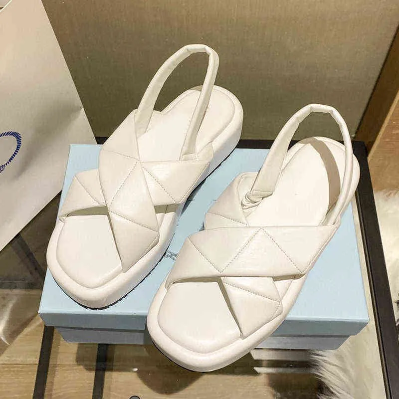 P family cross thick soled sandals women`s 2022 new triangular standard leather back trip band muffin casual single shoes