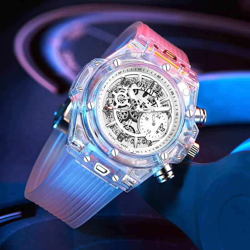 Трансграничная мода Пластиковый прозрачный корпус Дизайн Спортивные многофункциональные мужские часы Мужские наручные часы с кварцевым механизмом Pe90214K