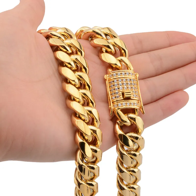 618mm Wide Stainless Steel Cuban Miami Chains Necklaces CZ Zircon Box Lock Big Heavy Gold Chain HipHop jewelry5264375