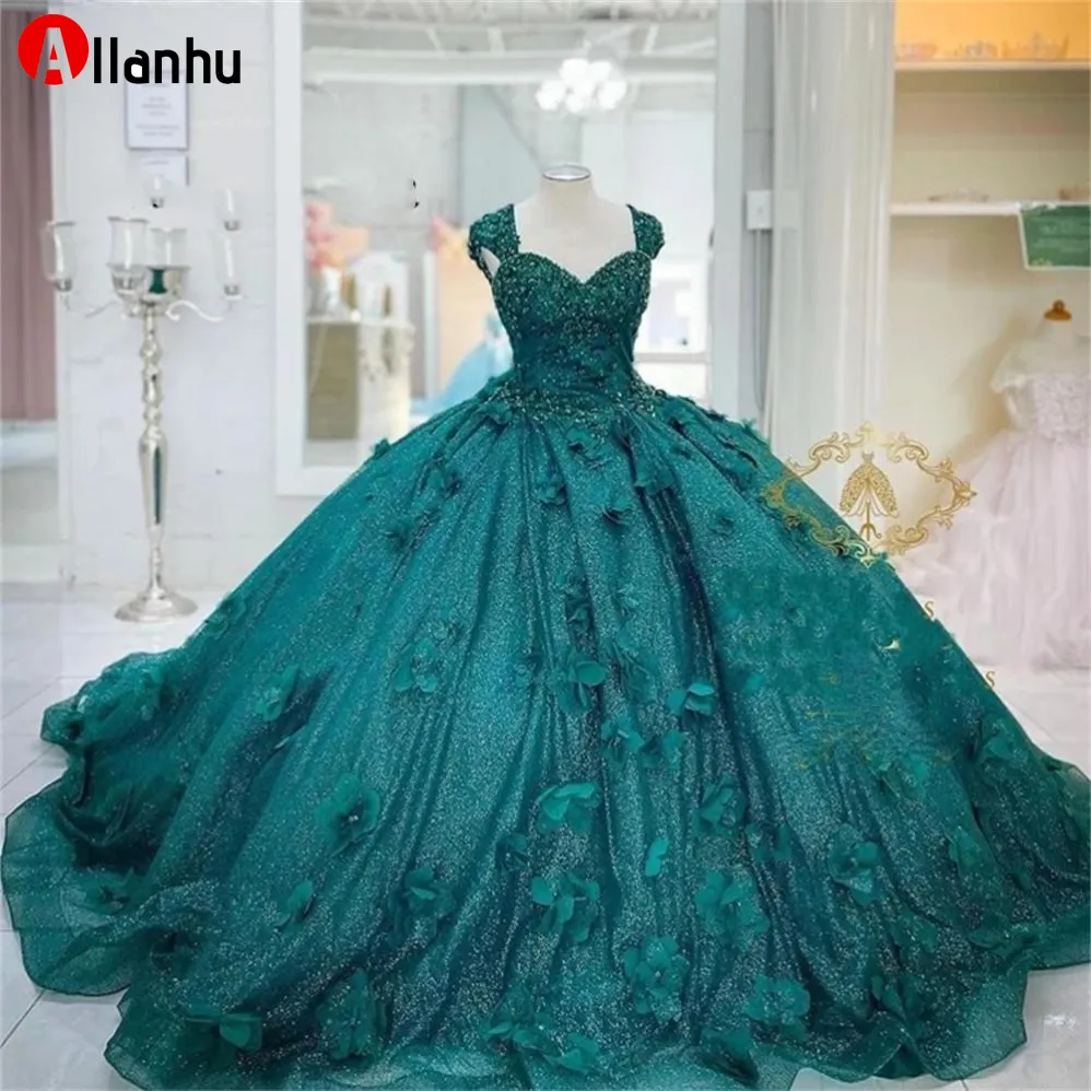 NEW! New 3D Flowers Ball Gown Quinceanera Dresses Teal Green Prom Graduation Gowns Lace Up Corset Princess Sweet 15 16 Dress Vestidos