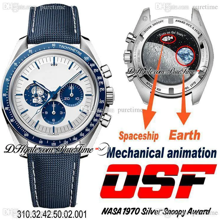 OSF Moonwatch Silver Snoop Pward Pward Manual Winding Chronograp Mens Watch 50th Anniversary White Dial Blue Нейлоновый ткани Purtime Real Mechanical Animation