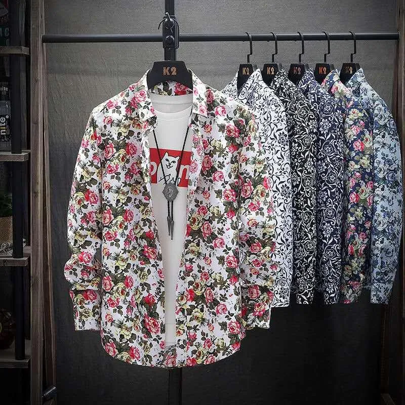 Camisa floral de talla asiática para hombre, camisa informal hawaiana de verano para playa, camisas de vestir de manga larga a la moda