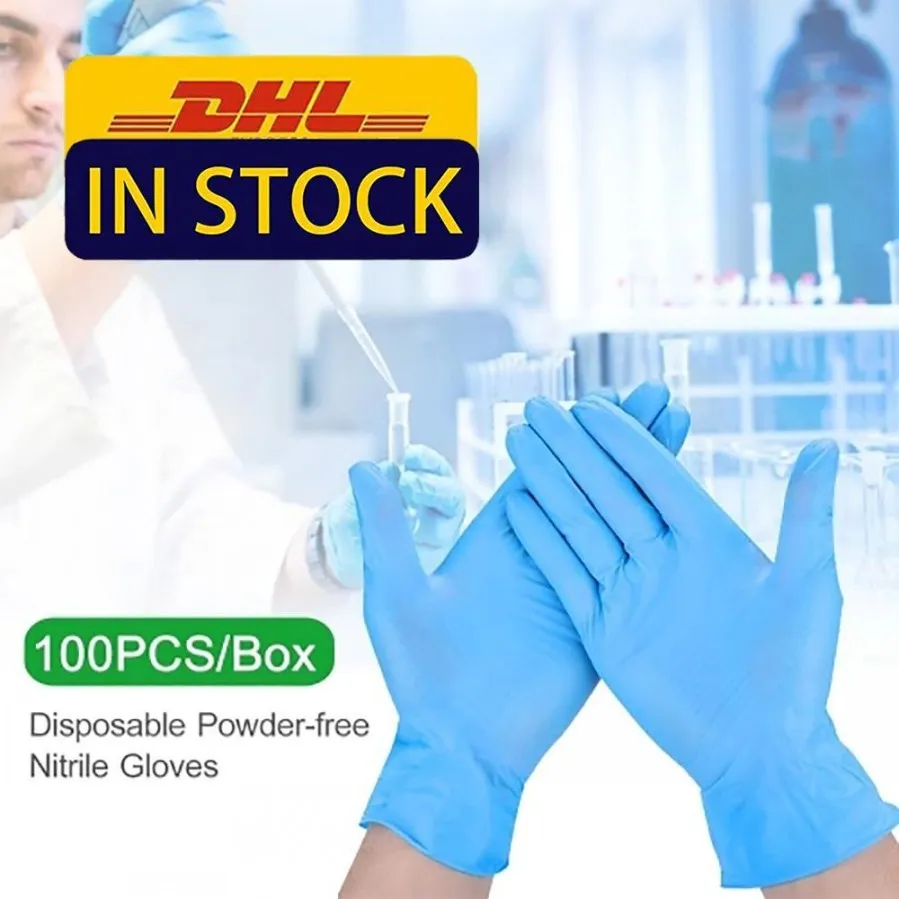 EUA Stock DHL azul nitrile luvas descartáveis \u200b\u200bem pó (não látex) - pacote  de 100