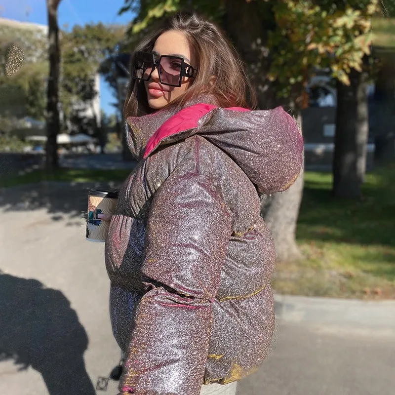 Women Winter New Cotton Coat Fashion Glitter Powder Jacket European and American Style Top Quality Womens Streetwear Hooded Coats Size S-XL