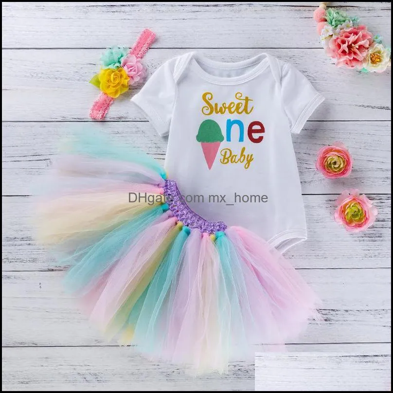 kids Clothing Sets girls outfits infant Mermaid pineapple ice cream print romper Tops+lace Net yarn Rainbow skirts+Headband 3pcs/set summer baby Clothes