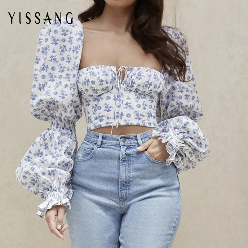 Blusas de mujer Yissnag Estampado floral Manga larga Puff Otoño Top Bodycon Cuello cuadrado Blusa delgada para mujer Tops de invierno sexy Camisa de gasa